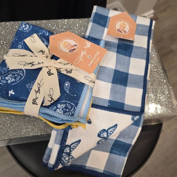 Dolly Parton Paisley and Checkered Kitchen Towel & Dish Cloth Set- Blue - Picture 8 of 10